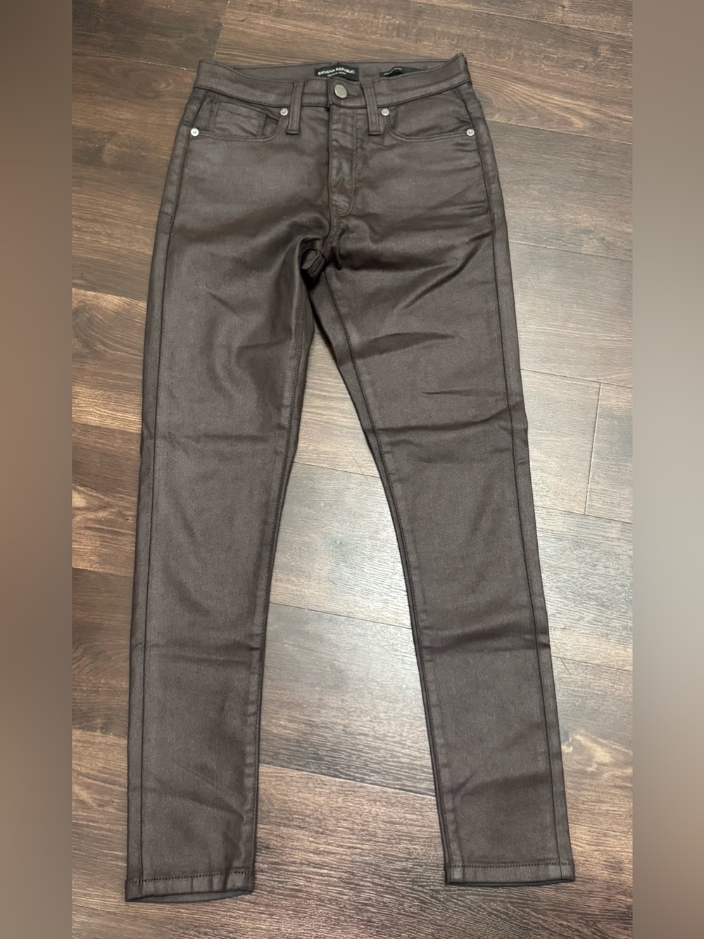 Banana Republic Premium Denim Coated Wax Skinny High Rise Pants Chocolate Brown
